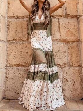 Boho White Floral Maxi Dress with Olive Lace Panels - medium